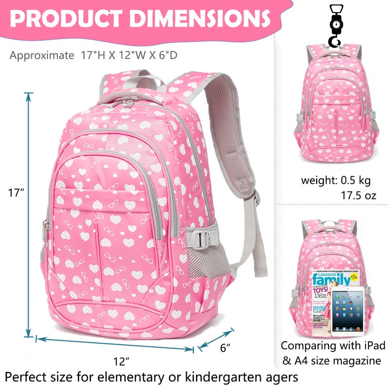 BLUEFAIRY Kids Backpacks for Girls Elementary Primary Middle School Bookbag 17 Inch for Girls Backpacks Ages 6-8 School Bag Mochilas Escolares Para NiÃƒÂ±as Heart Print Pink - Image 3